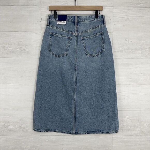 Old Navy Denim Jean Midi Skirt Size 6 Blue Light Wash Front Slit High Rise NWT - Picture 5 of 15